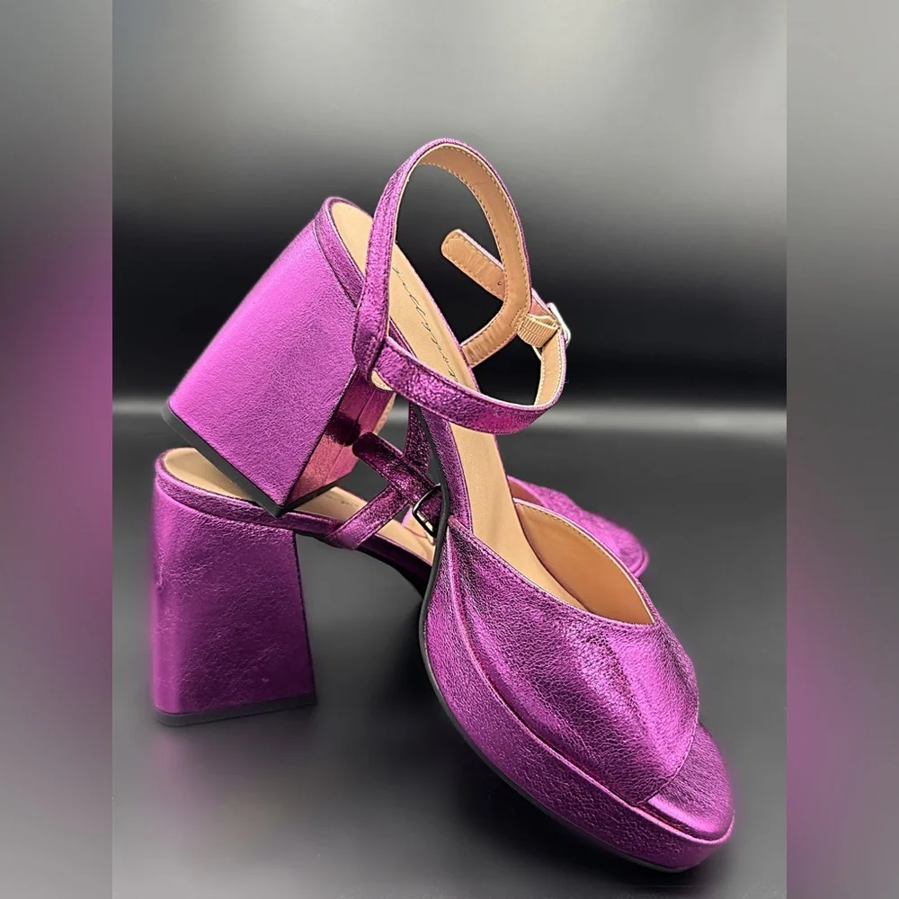 Hot Pink / Magenta Metallic Platform Block Heel Sandals Women 9.5 Ankle Strap